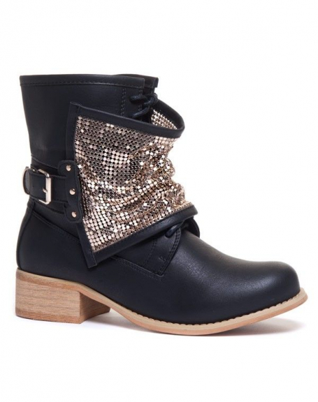 Ideal women's shoe: Black ankle boots with gold ornament