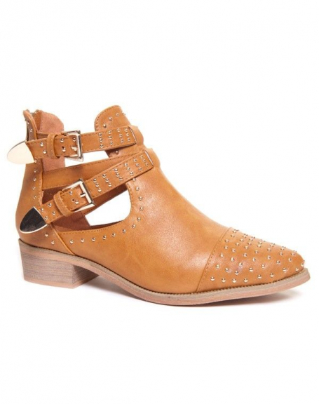 Ideal women's shoe: Camel openwork ankle boots with studs