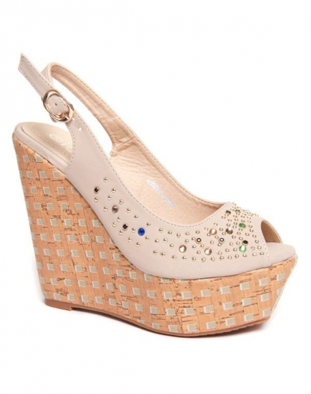Ideal women's shoe: Wedge sandal with beige rhinestones
