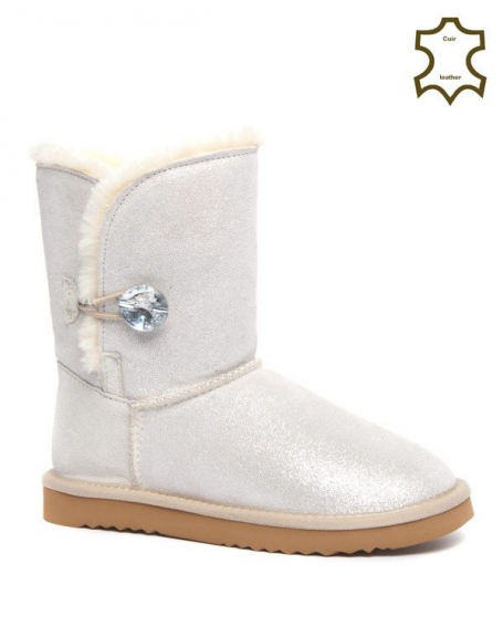 Iridescent white leather boot with fancy diamond button