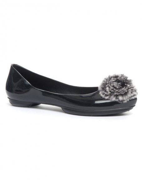 Jennika women's shoes: black fur pompom ballerina