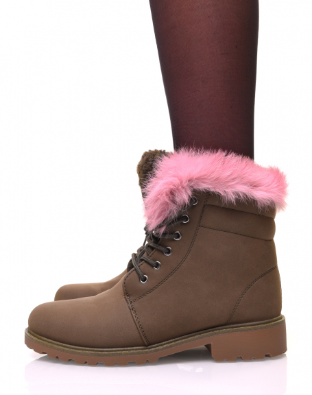 Khaki ankle boots and pink decorative fur
