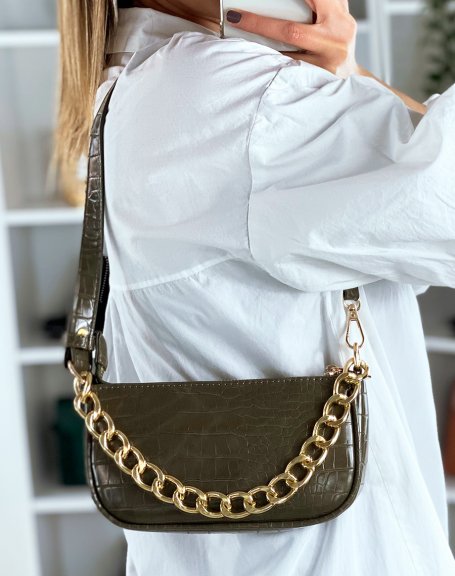 Khaki croc-effect handbag with golden chain