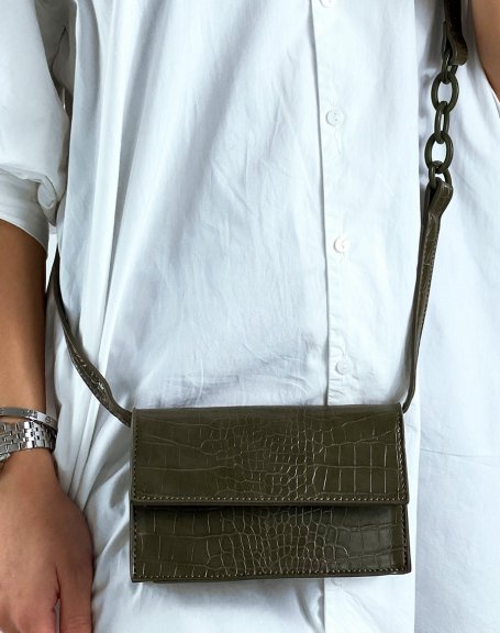 Khaki croc-effect shoulder bag