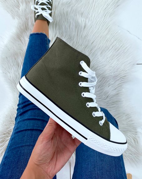Khaki fabric high-top sneakers with laces
