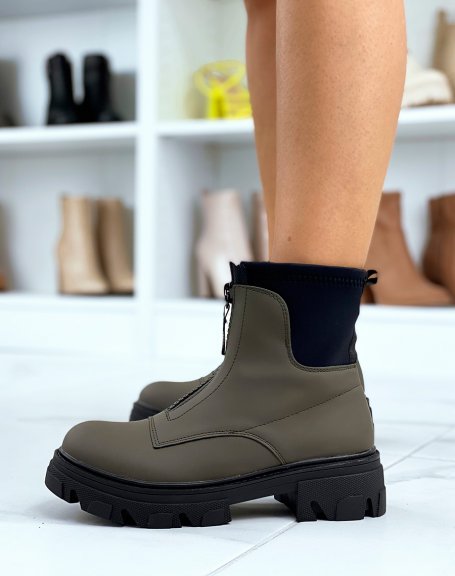 Khaki gummed sock-effect ankle boots