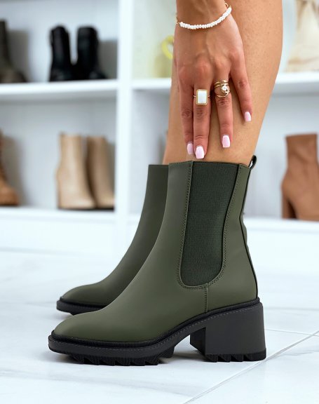 Khaki gummed square-toe ankle boots