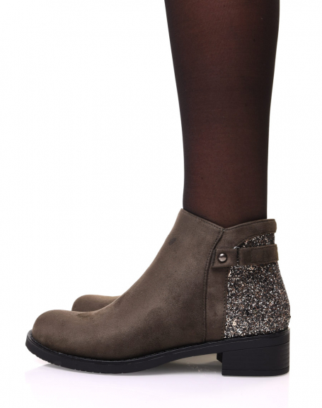 Khaki suedette ankle boots with sequins at the back