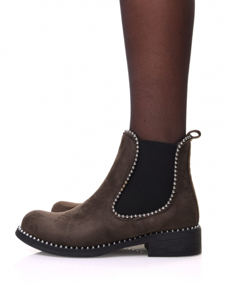 Khaki suedette chelsea boots with pearl details