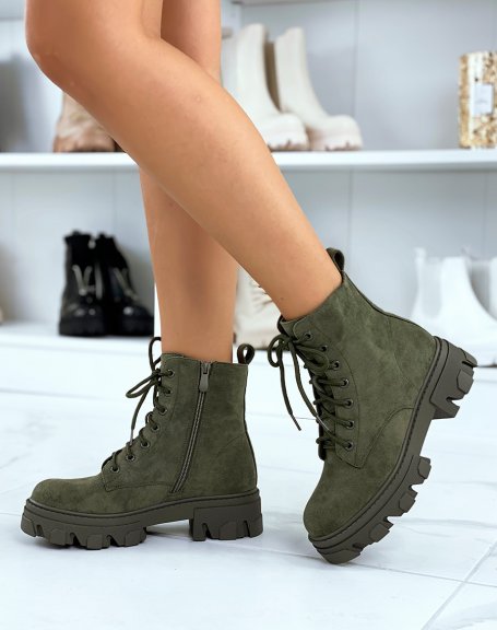 Khaki suedette lace-up ankle boots with lug sole