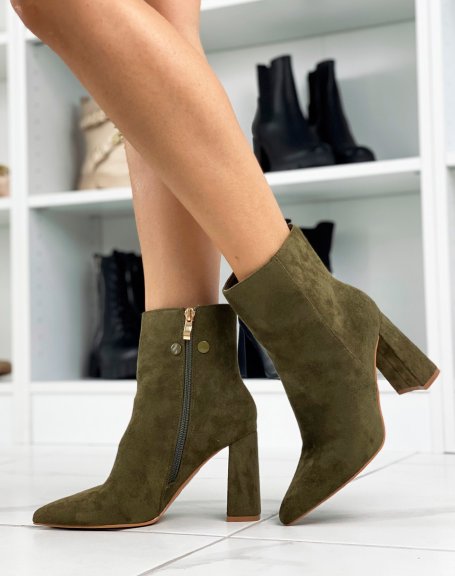 Khaki suedette pointed toe heeled ankle boots