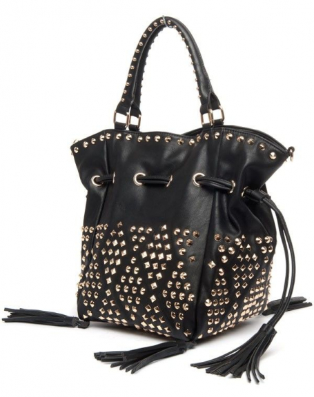 Large black Lantadeli studded handbag with tassels