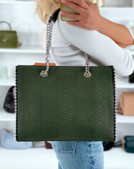 Large green croc-effect handbag with silver detail