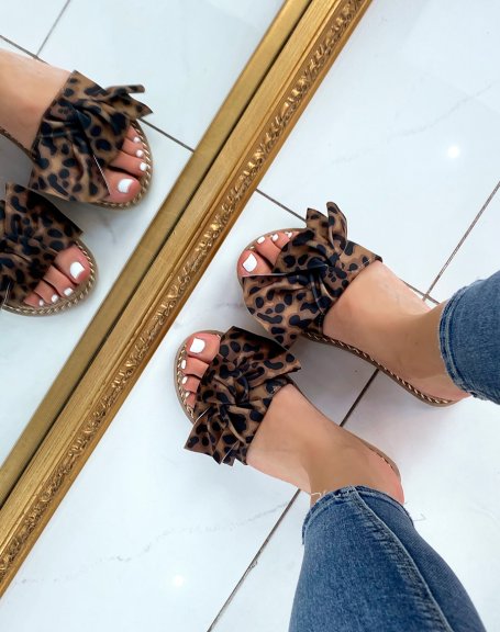 Leopard flat mules with bow