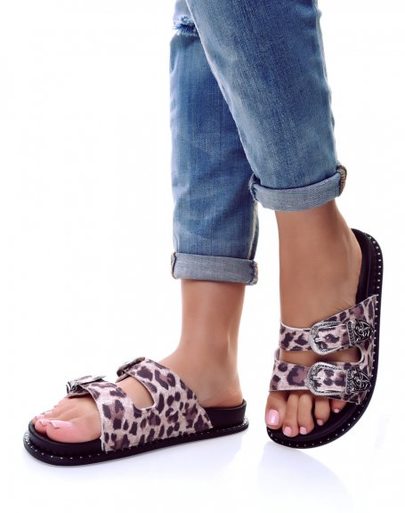 Leopard print mules with silver buckles