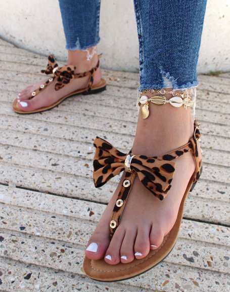 Leopard sandals with bow and gold details
