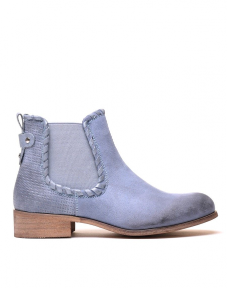 Light blue bi-material flat ankle boots with details
