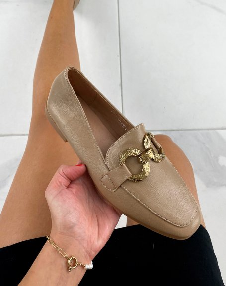 Light brown flat loafers with double gold buckles
