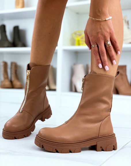 Light brown high ankle boots with gold closure