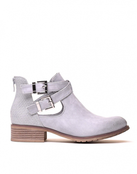 Light gray low cut openwork ankle boots with straps