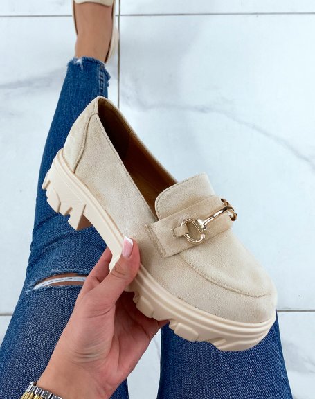 Loafers in beige suede with thick notched sole