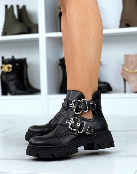 Low black ankle boots open with double buckles