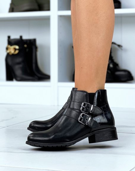 Low black ankle boots with double straps