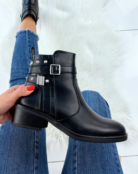 Low black ankle boots with silver details