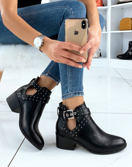 Low black open ankle boots