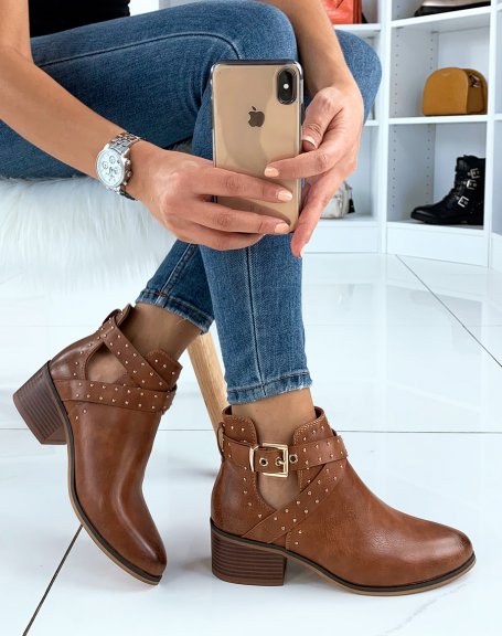 Low camel open ankle boots