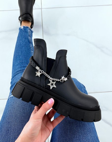 Matte black ankle boots with braided chain and silver stars