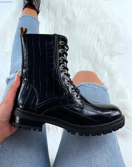 Matte black croc-effect ankle boots with eyelets