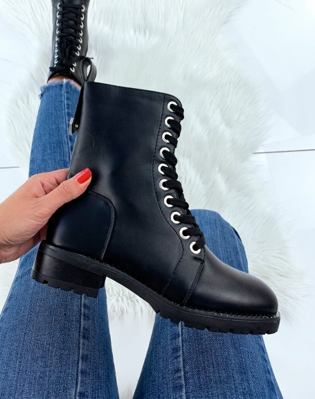 Matte black high ankle boots with silver detail
