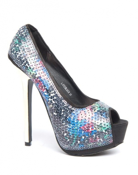Metalika women's shoes with multicolored sequins and gold stiletto