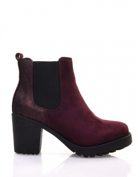 Mid-high burgundy bi-material ankle boots