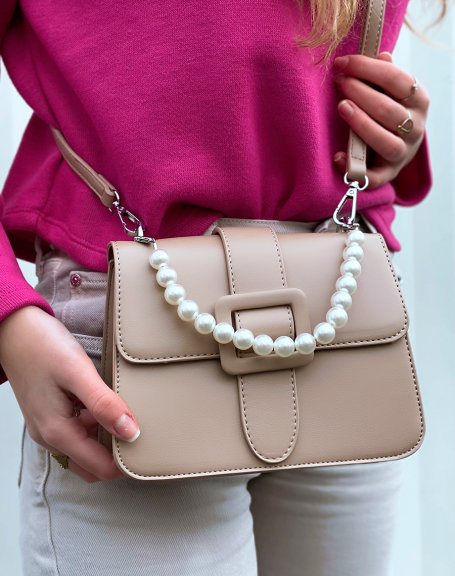 Mini beige trapeze-style handbag with beaded handle