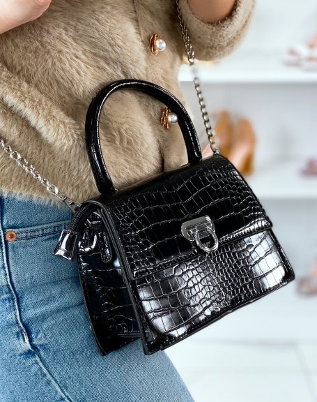 Mini black croc-effect trapeze handbag