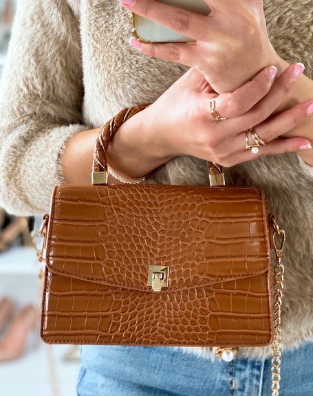Mini camel croc-effect handbag with gold details