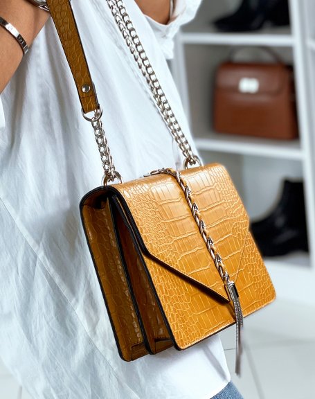 Mustard croc-effect shoulder bag with silver chains