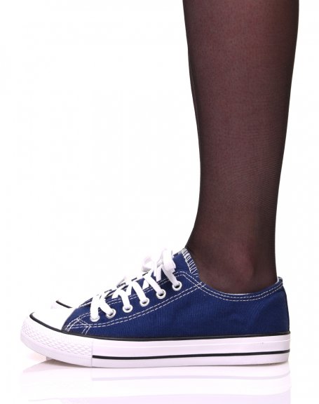Navy blue canvas sneakers with white laces and black trims