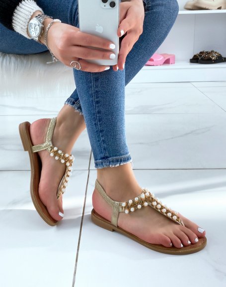 Nu-pieds dors  perles blanches et strass dors