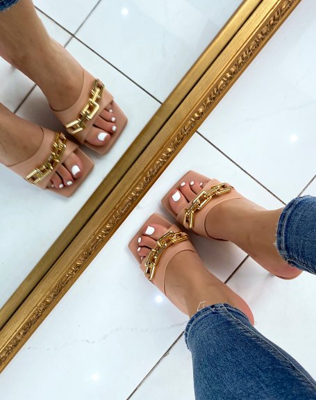 Nude heeled mules with gold chain