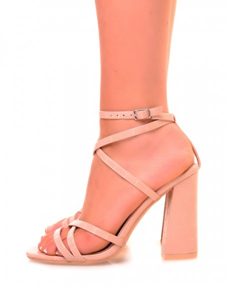 Nude pink croc-effect sandals with multiple crisscrossing straps
