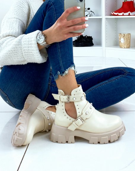 Open beige ankle boots with beaded straps