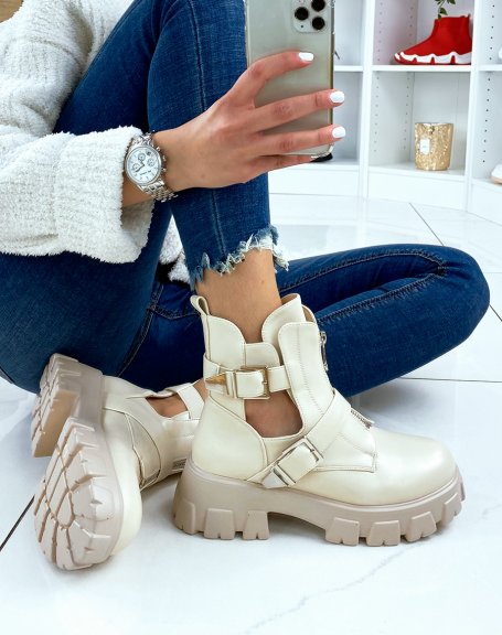 Open beige ankle boots with double straps and zip