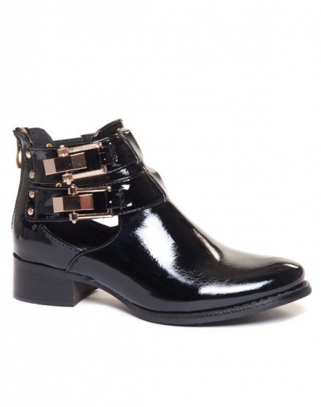 Openwork black patent openwork ankle boot with buckles and studs