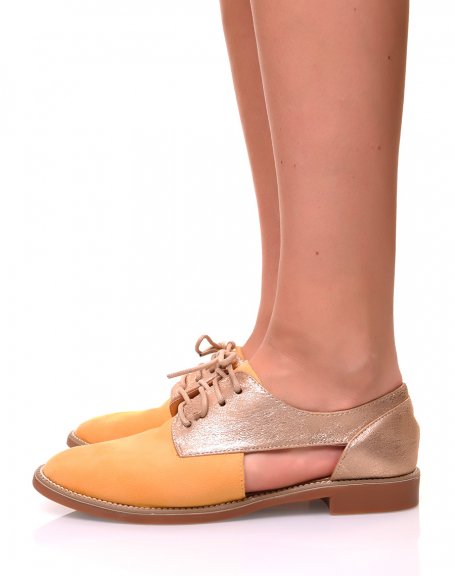 Openwork derby shoes in yellow and gold suede