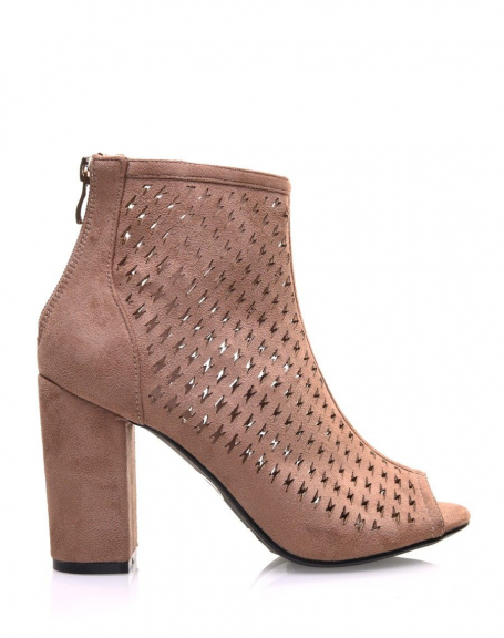Openwork taupe ankle boots with heel