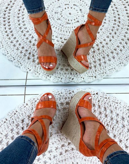 Orange croco wedge sandals