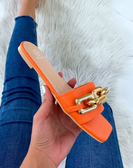 Orange flat mules with big golden chain and square toe